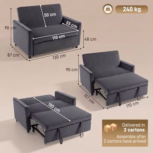 HOMCOM 2 Seater Velvet Sofa Bed in Dark Grey, 3-in-1 Click-Clack Sleeper Loveseat with Solid Wood Frame – 3