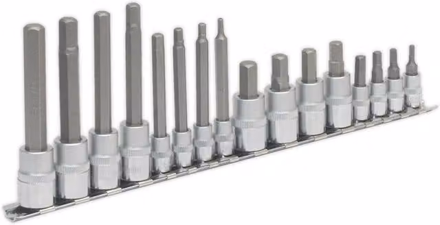 Loops 16pc Hex Socket Bit Set in Silver and Multicolour, 1/4" and 3/8" Square Drive, Chrome Vanadium