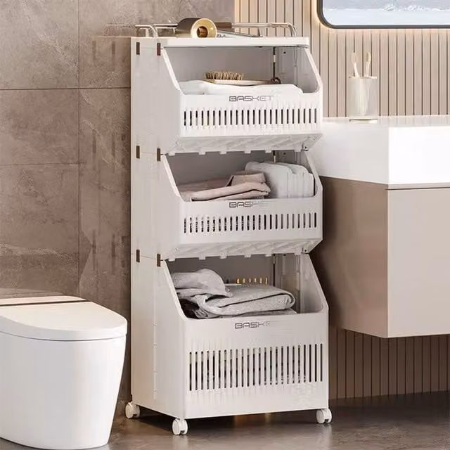 Livingandhome 2-Tier Rolling Laundry Hamper with Wheels and Handles in White, Height: 97 cm
