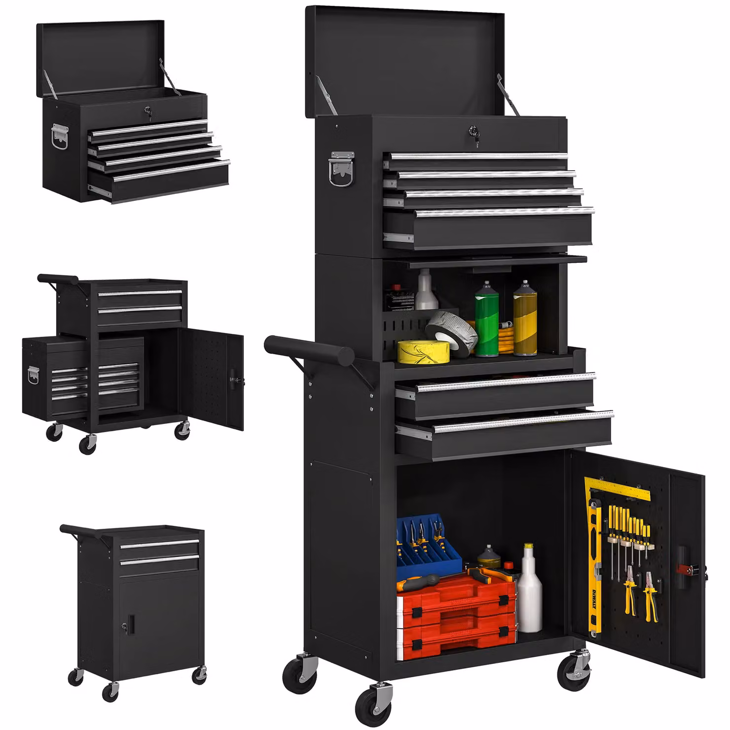 HOMCOM 3-in-1 Lockable and Rollable Steel Tool Cabinet with 6 Drawers and Pegboard, Black, W/D/H: 60.5 x 33.5 x 131.0 cm – 2