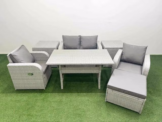 Fimous 5 Seater Light Grey PE Wicker Rattan Garden Furniture Set with Rectangular Dining Table, Reclining Chair, Footstool and 2 Side Tables