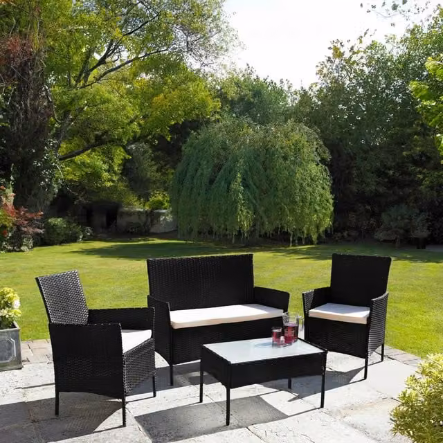 Neo 4 Piece Black Polyrattan Outdoor Furniture Set with Cushions and Coffee Table
