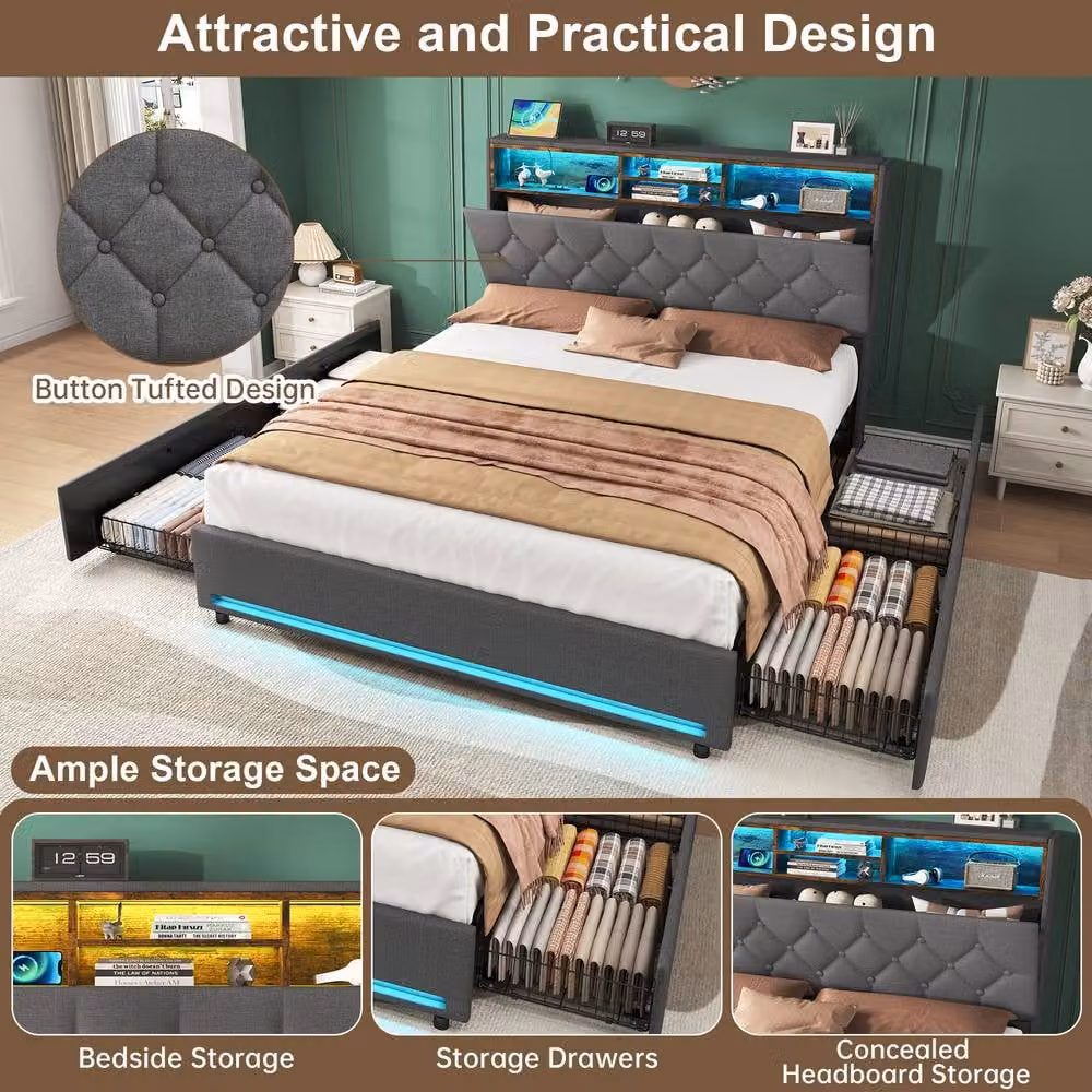 Rolipo Grey Fabric Double Bed Frame with 4 Storage Drawers, LED Lights and USB Ports, 140 x 200 cm – 4