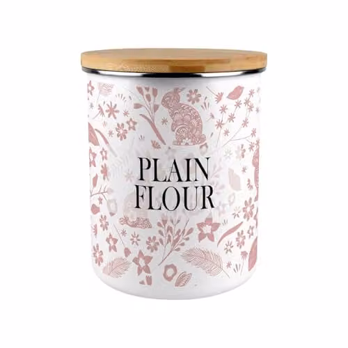 Purely Home Pink Rabbits Plain Flour Canister, 2.7 l Airtight Enamel Kitchen Storage Tin