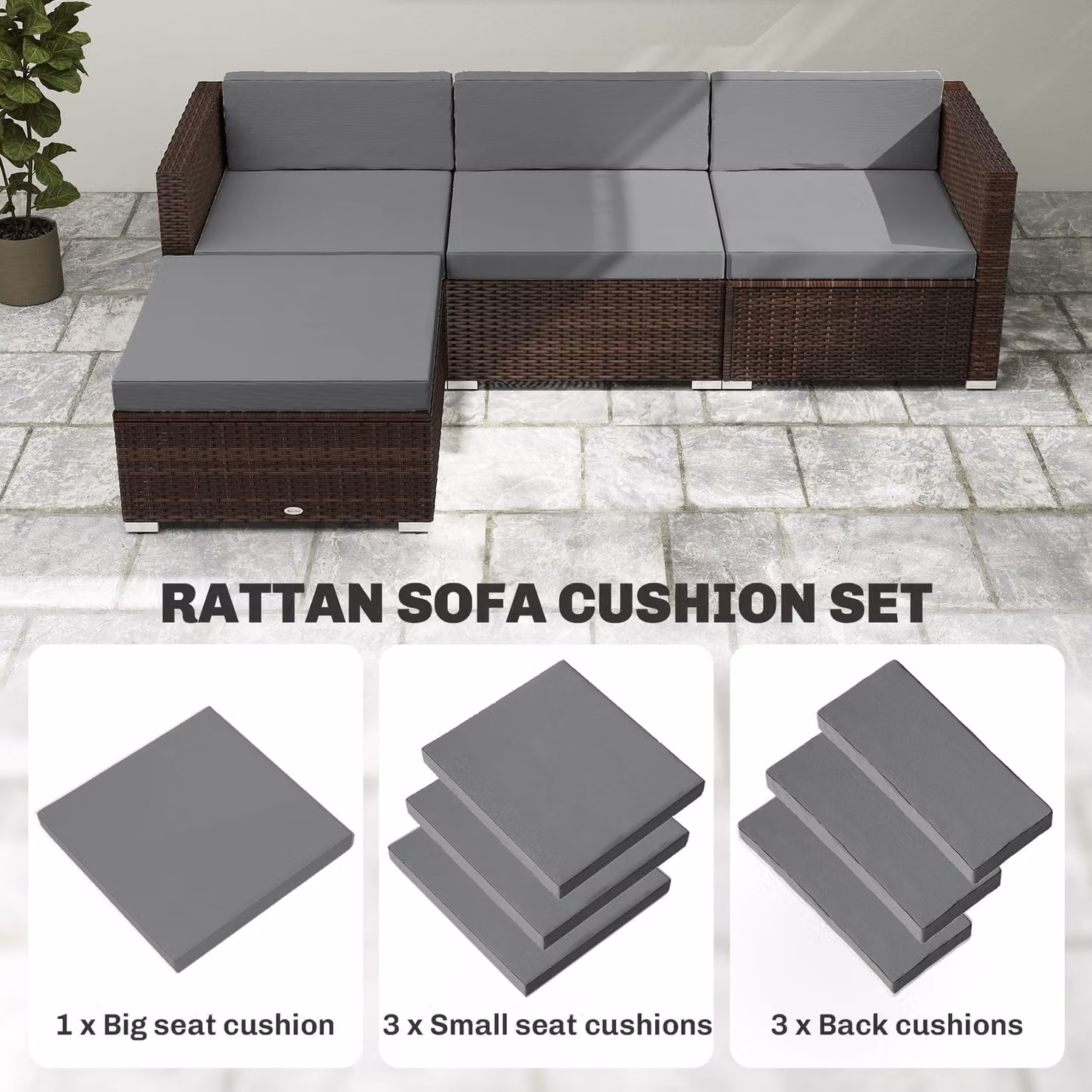 Outsunny 7-Piece Patio Furniture Cushion Set with Removable Covers, Dark Grey, W: 60 cm x D: 60 cm – 6