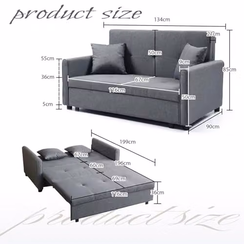 WestWood Grey Fabric 2 Seater Click Clack Sofa Bed with Sleeping Function and Scatter Cushions, W/D/H: 134 x 199 x 85 cm – 3