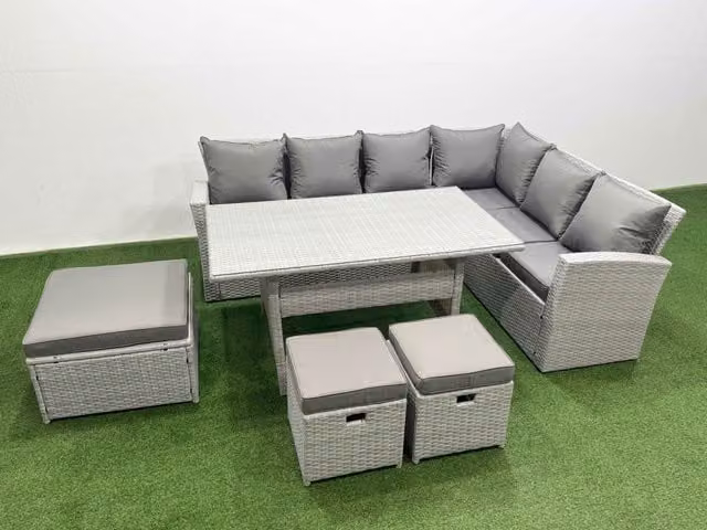 Fimous 9 Seater Rattan Garden Furniture Set with Corner Sofa and Dining Table in Light Grey