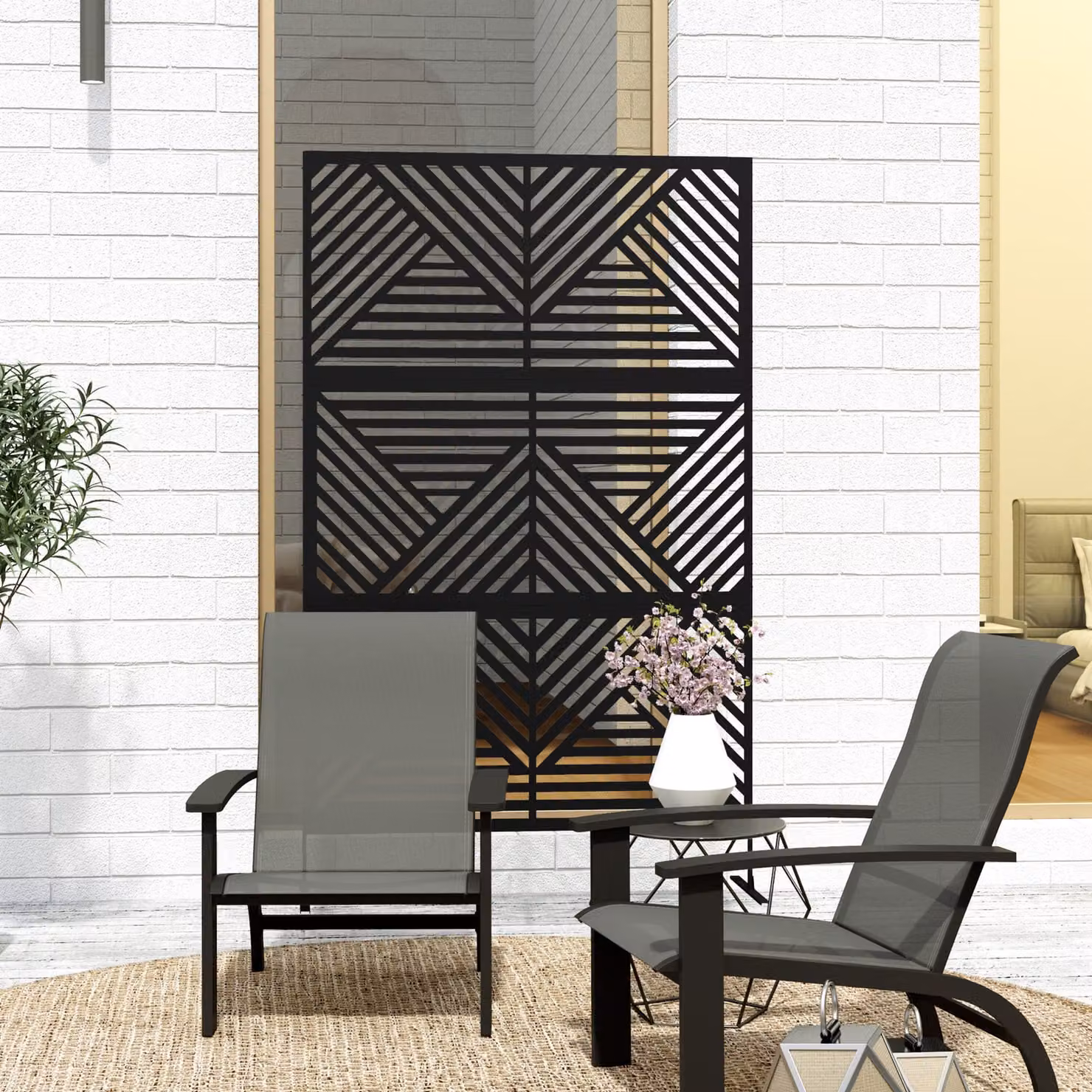 Outsunny Decorative Garden Privacy Screen with Stand, 6.5FT Freestanding Black Metal Outdoor Divider, Rhombus Style Steel Paravent – 8
