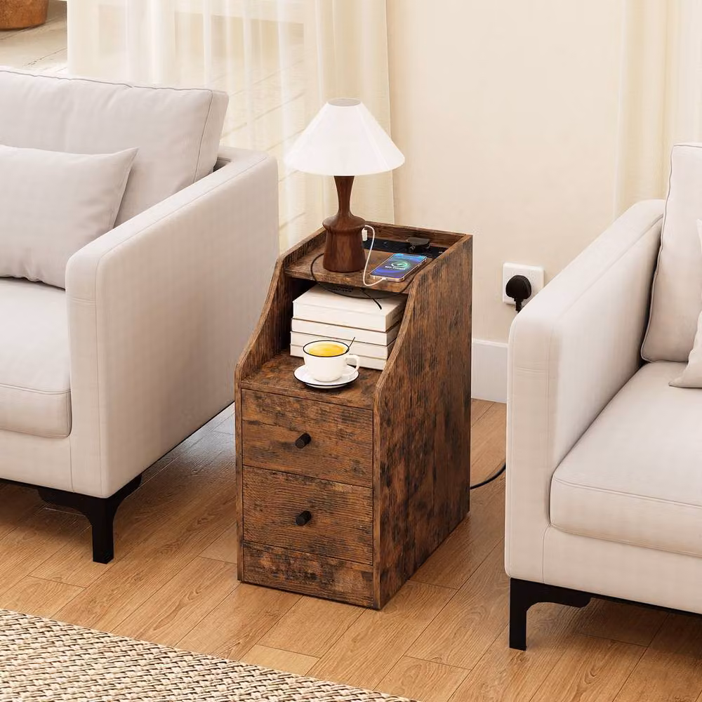 Gymax Brown Side Table with Charging Station and Storage Drawers – 4