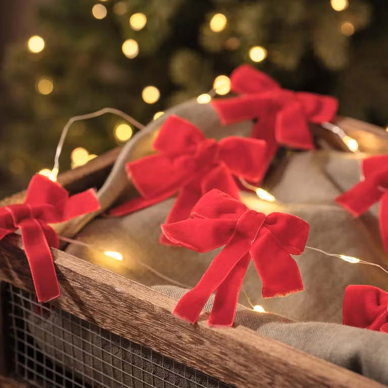 Red Velvet Bow Warm White Micro LED Christmas Garland with Timer