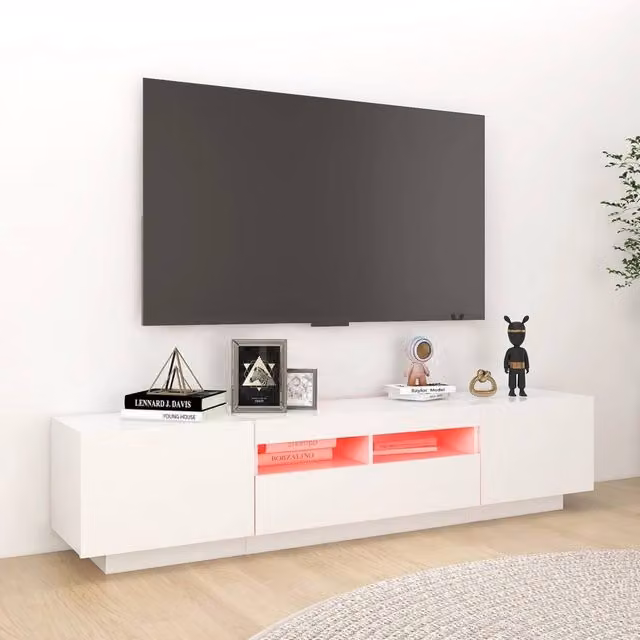 Berkfield Home Modern Glossy White TV Cabinet with LED Lights W/D/H: 180 x 35 x 40 cm