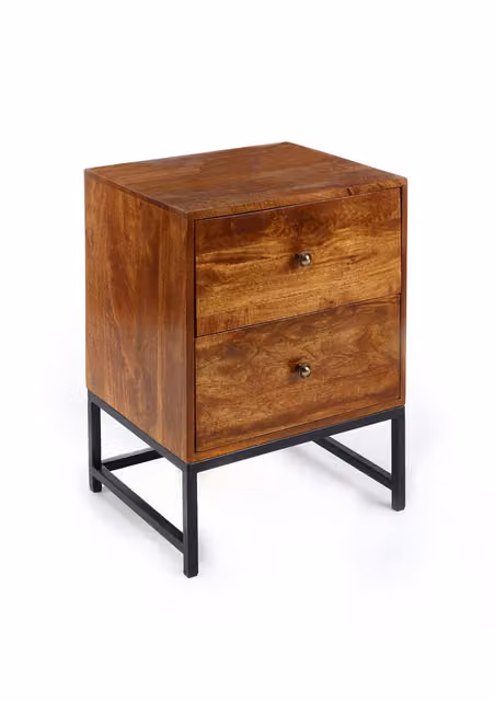 Elm Home And Garden Industrial Mango Wood and Metal Bedside Table in Brown and Black
