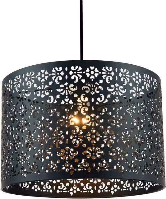 Happy Homewares Moroccan Designed Matte Black Metal Circular Pendant Light Shade with Floral Decor, Diameter: 30.48 cm – 7