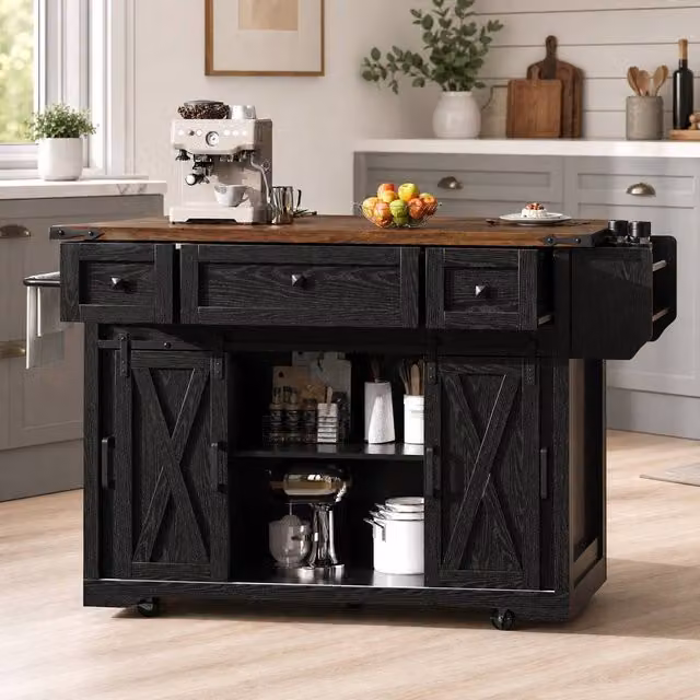 STILVORA Kitchen Trolley with Extendable Worktop and Storage in Black