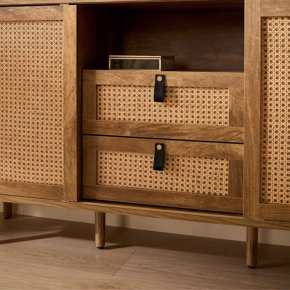 CALICOSY PALMO 2-Door 2-Drawer Sideboard with Rattan Fronts in Light Brown, Width: 140 cm – 3