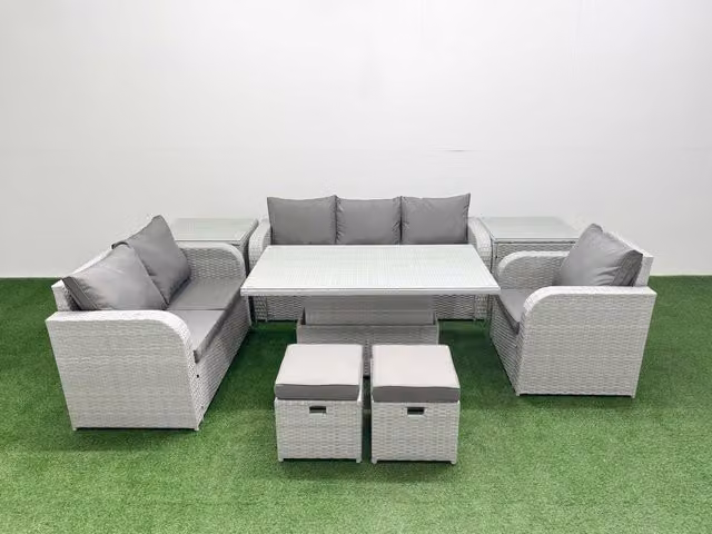 Fimous Patio 8 Seater Grey Rattan Outdoor Furniture Set with Upholstered Cushions and Adjustable Coffee Table