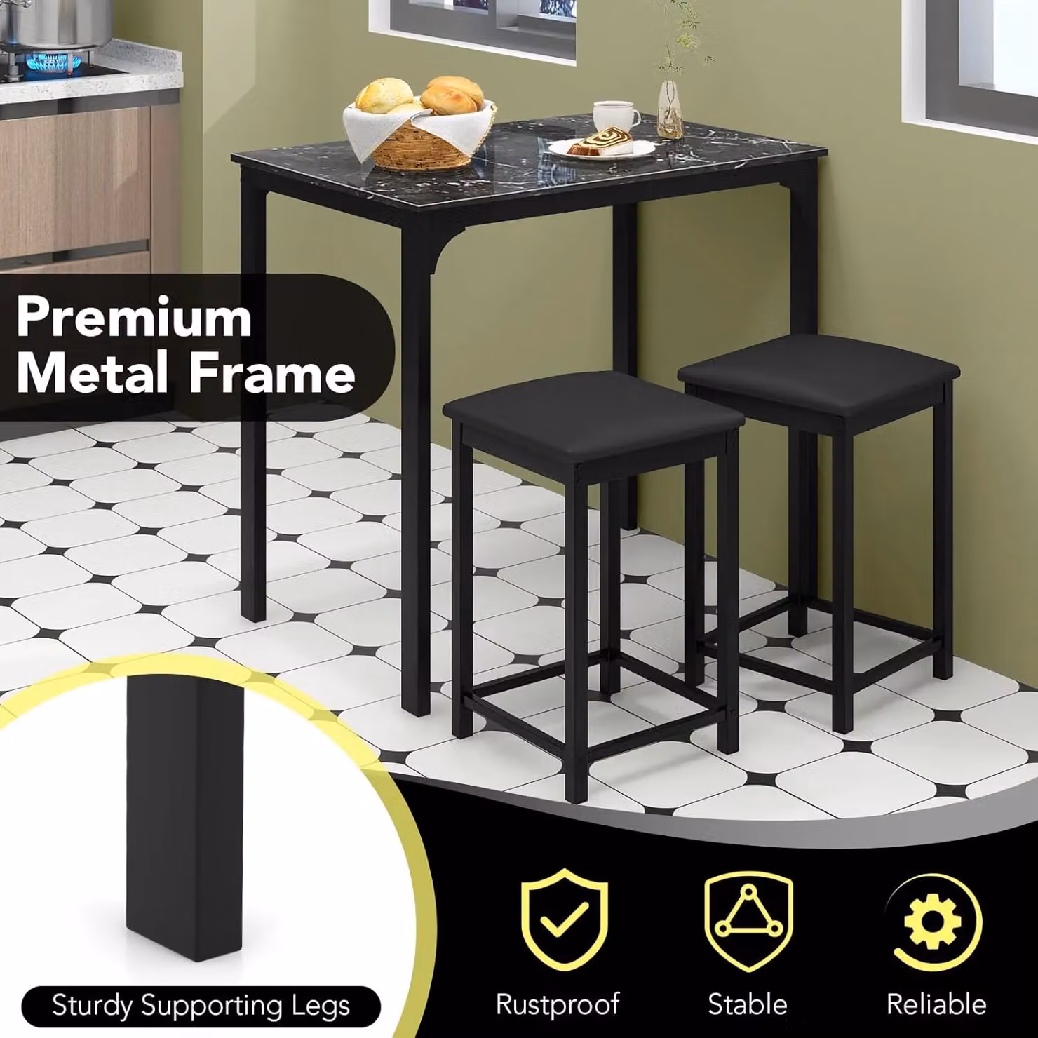 Gymax 3-Piece Modern Dining Set with Rectangular Counter-Height Bar Table and Upholstered Stools in Black – 5