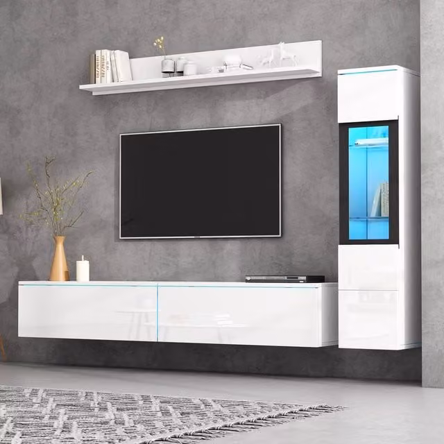 ModernLuxe 3 Piece White Glossy TV Wall Unit with LED Lighting, Display Vitrine, Lowboard and Open Shelf – 1