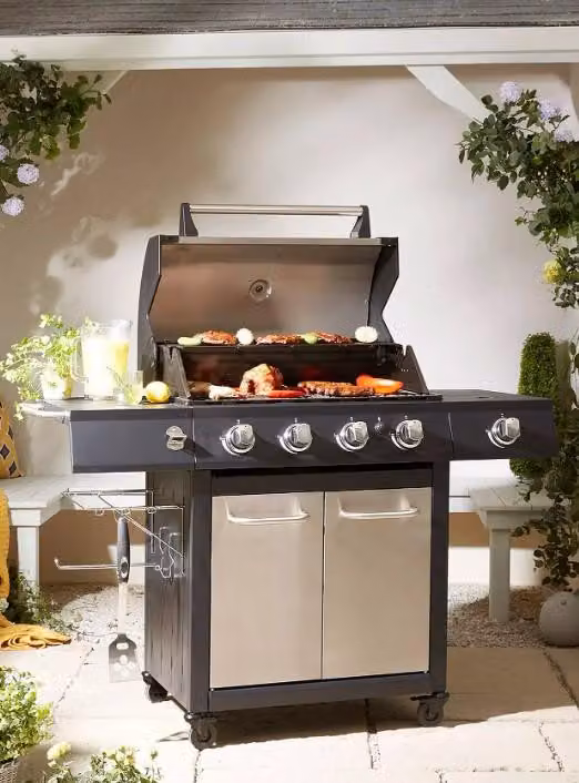 Premium Stainless Steel 4-Burner Gas BBQ with Enamelled Steel Side Burner in Black and Silver