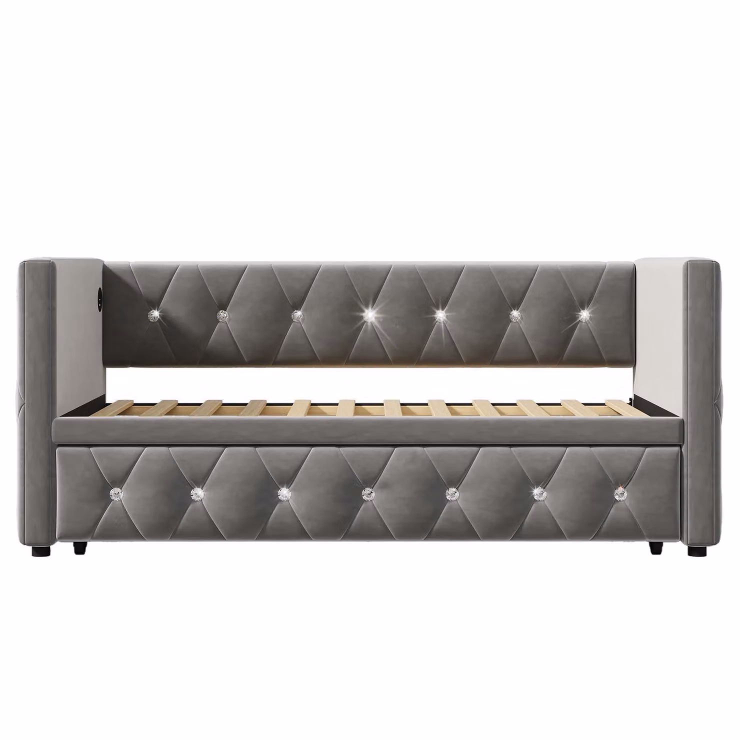 Aosom Grey Upholstered Velvet Daybed with USB and Type C Ports and Pull-Out Trundle, W/D/H: 203 x 101-194 x 76 cm – 2