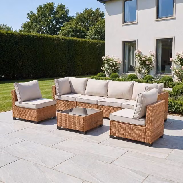Artemis Home Saviano 6 Seat Modular Rattan Conversation Set in Tan and Beige with Upholstered Cushions and Coffee Table