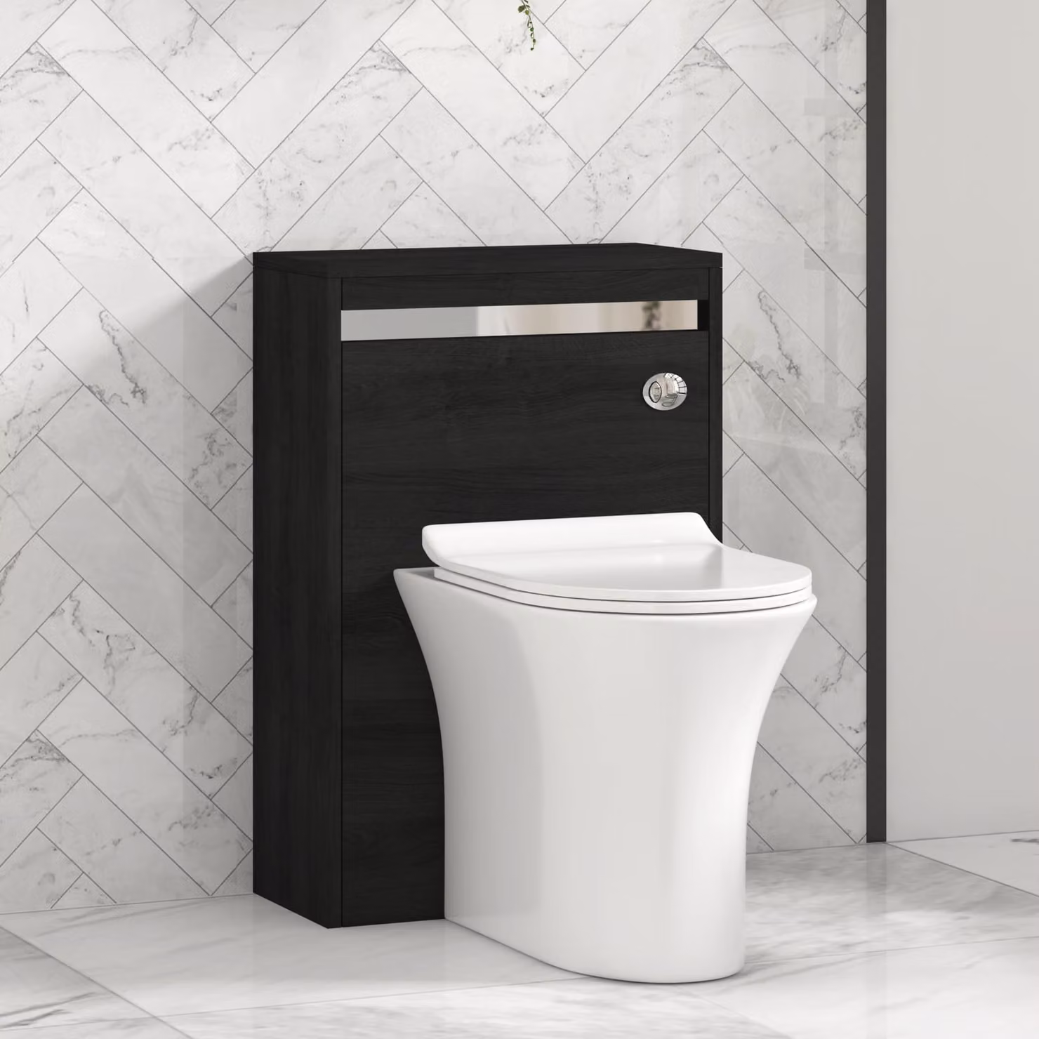 Royal Bathrooms Orion Hale Black BTW WC Unit with Breeze Rimless Toilet Pan, Slim Seat and Cistern, Chrome Accent Trim, Width: 54 cm