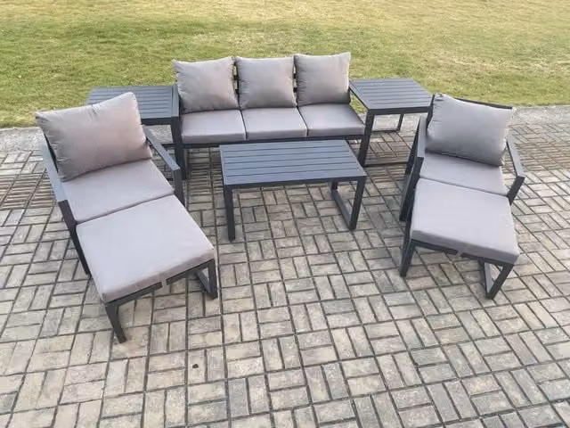 Fimous 8 Piece Powder Coated Aluminium 7 Seater Garden Furniture Set with Cushions in Dark Grey