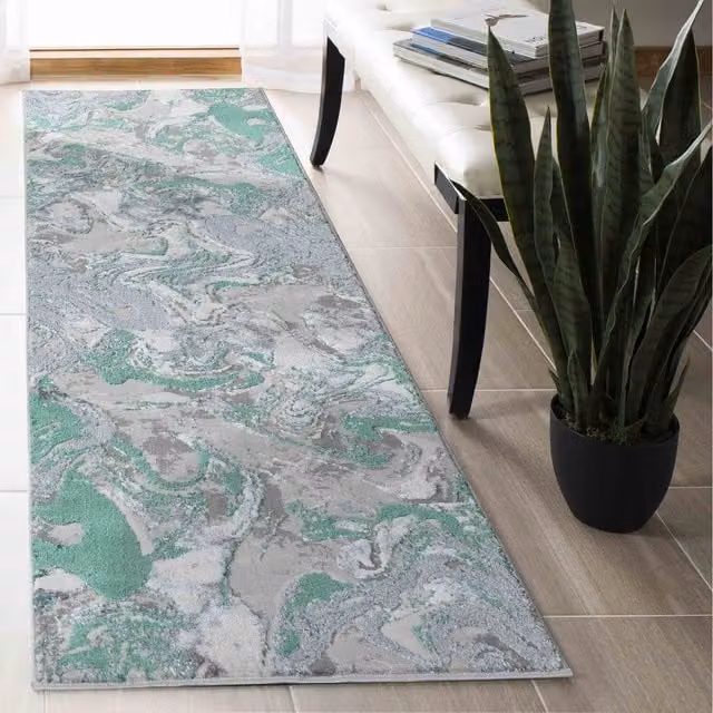 Serdim Rugs Emperor Solarius Modern Grunge Marbling Abstract Area Rug Runner in Turquoise and Green, W: 60 cm, L: 220 cm