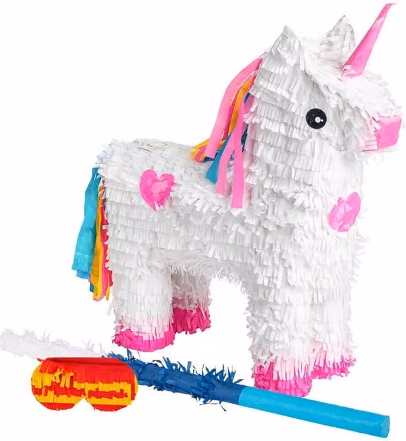 Fax Potato 3-Piece Blue Unicorn Piñata Set with Stick and Blindfold