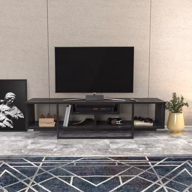 Asal Minimalist TV Unit in Black and Black Marble Effect, W: 120 cm