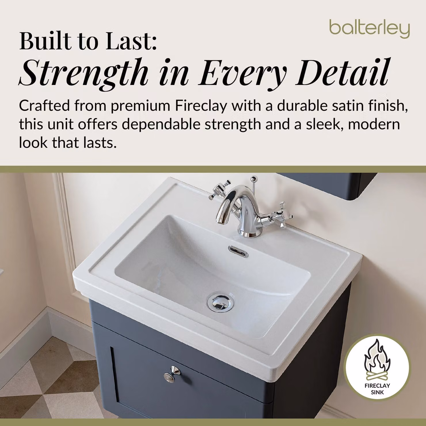 Balterley Wall Hung 1-Drawer Bathroom Vanity Unit and Fireclay Basin, Grey, W: 50 cm – 3
