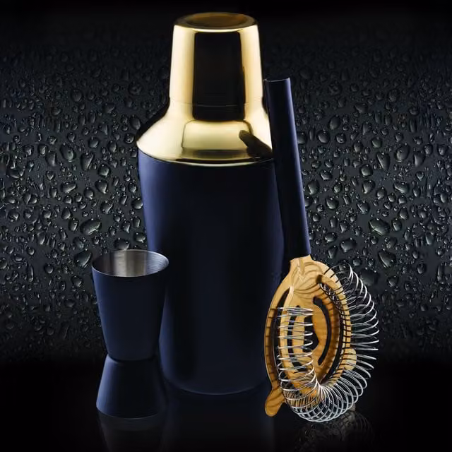 BarCraft Three Piece Stainless Steel Cocktail Shaker Set in Black and Gold