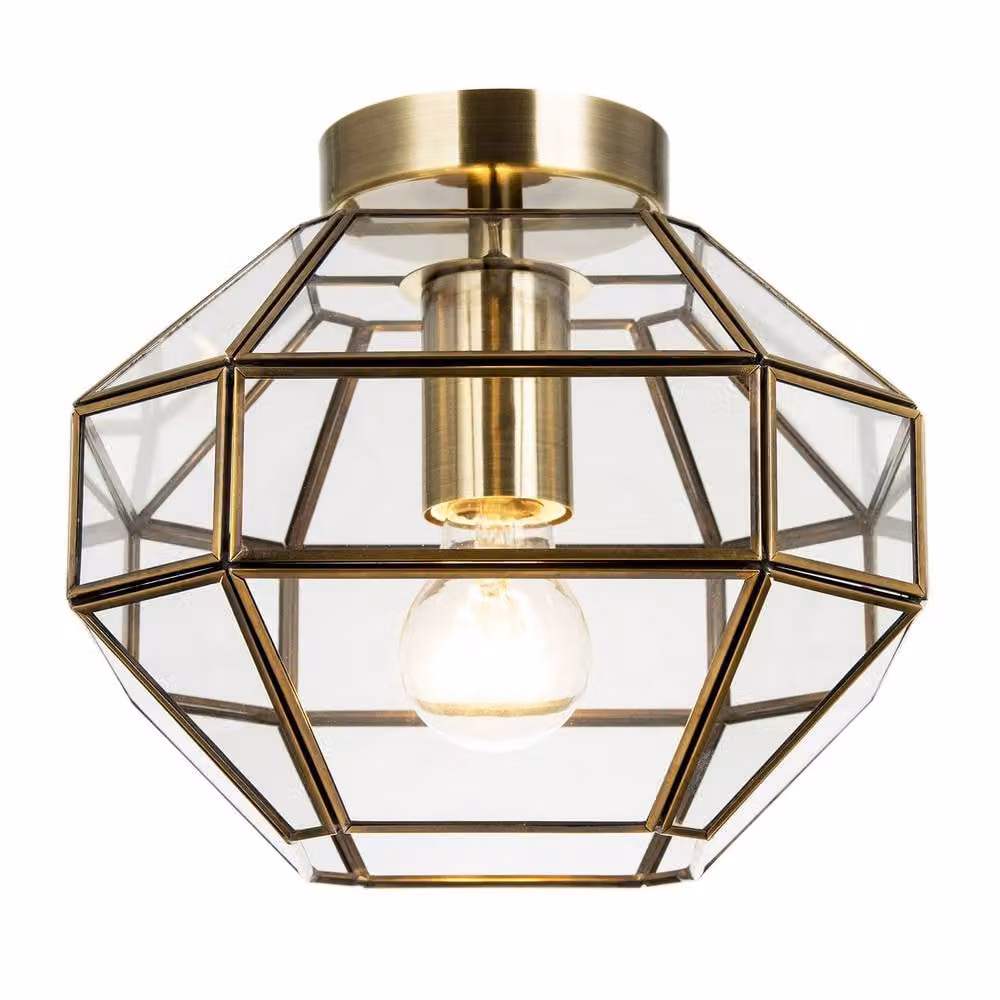 Happy Homewares Classic Lantern Styled Ceiling Light with Geometric Clear Glass Shade in Metallic Gold – 2