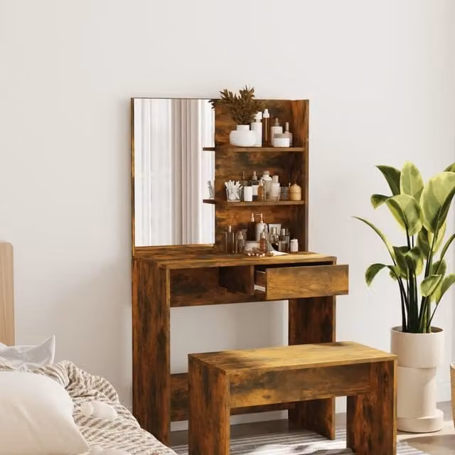 Berkfield Home Dressing Table with Mirror in Smoked Oak Brown, W: 74.5 cm, D: 40 cm, H: 141 cm – 1