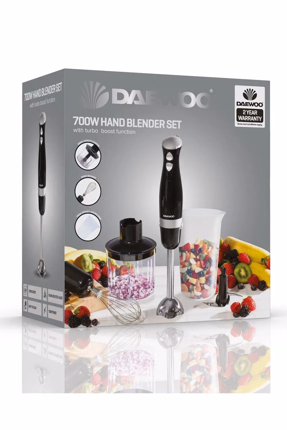 Daewoo 600W Hand Blender Food Processor Set with Whisk, Chopping Bowl and Jug in Black – 7