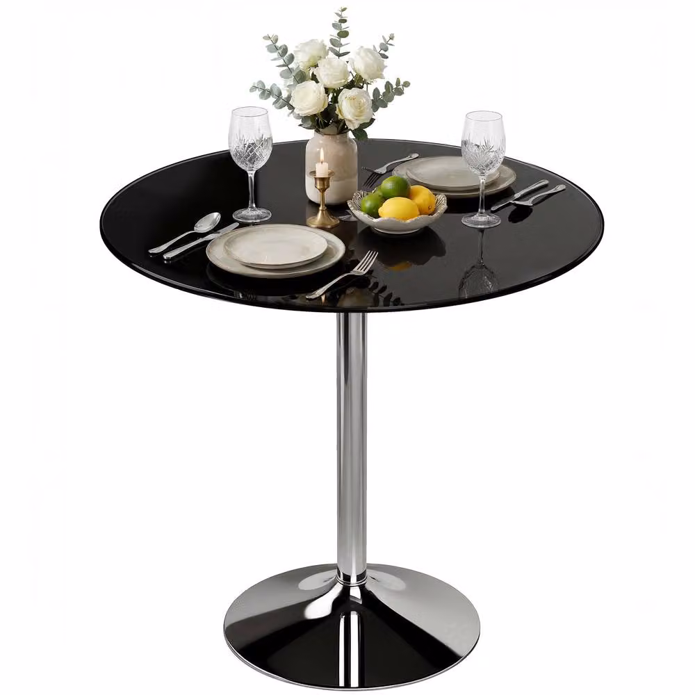 STILVORA Modern Round Dining Table with Black Glossy Tempered Glass Top for 4 Adults – 3