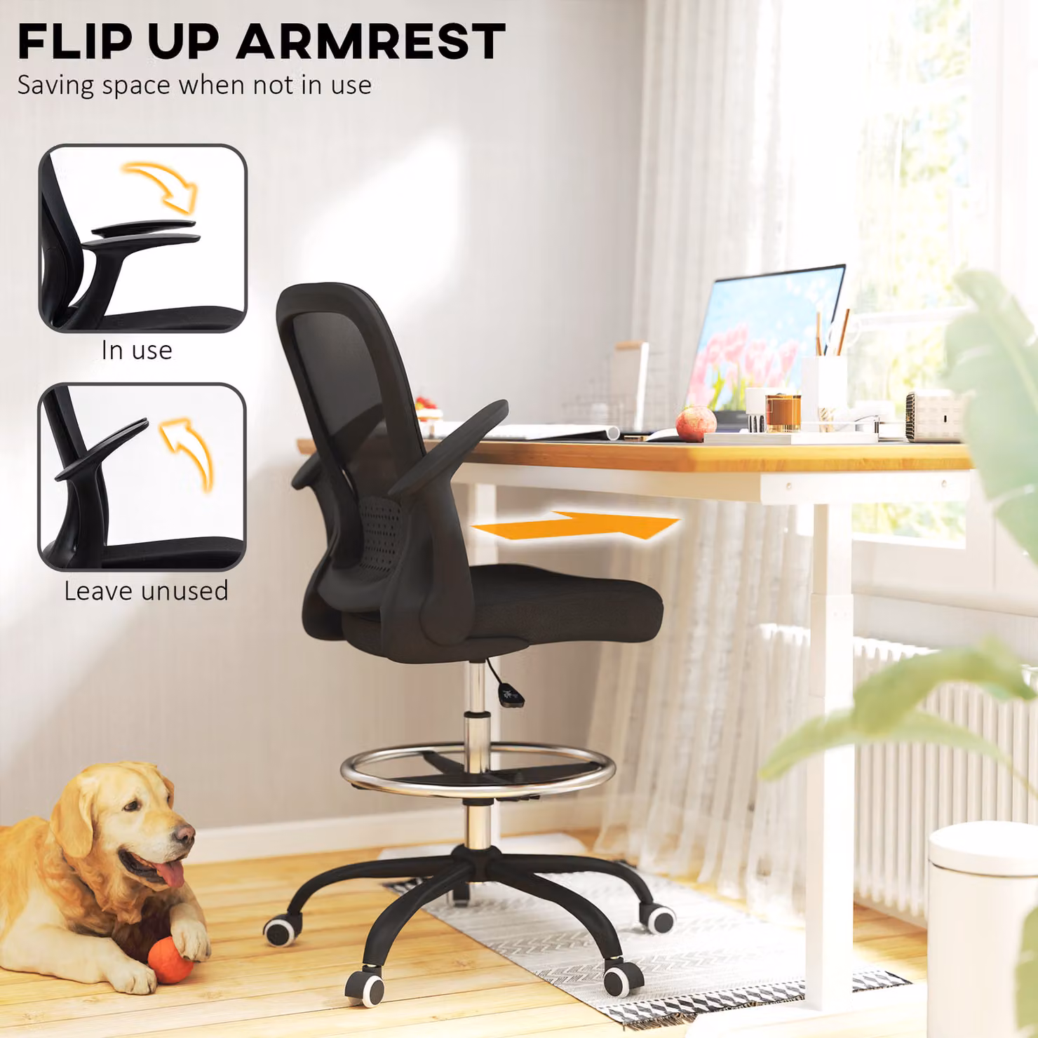 HOMCOM Black Fabric Ergonomic Drafting Chair with Flip-up Armrests, Foot Ring and Swivel Castors – 4