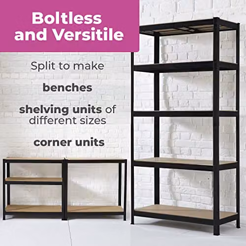 Neo 5 Tier Heavy Duty Steel Storage Shelving Unit, Black, H 180 x W 90 x D 40 cm – 3