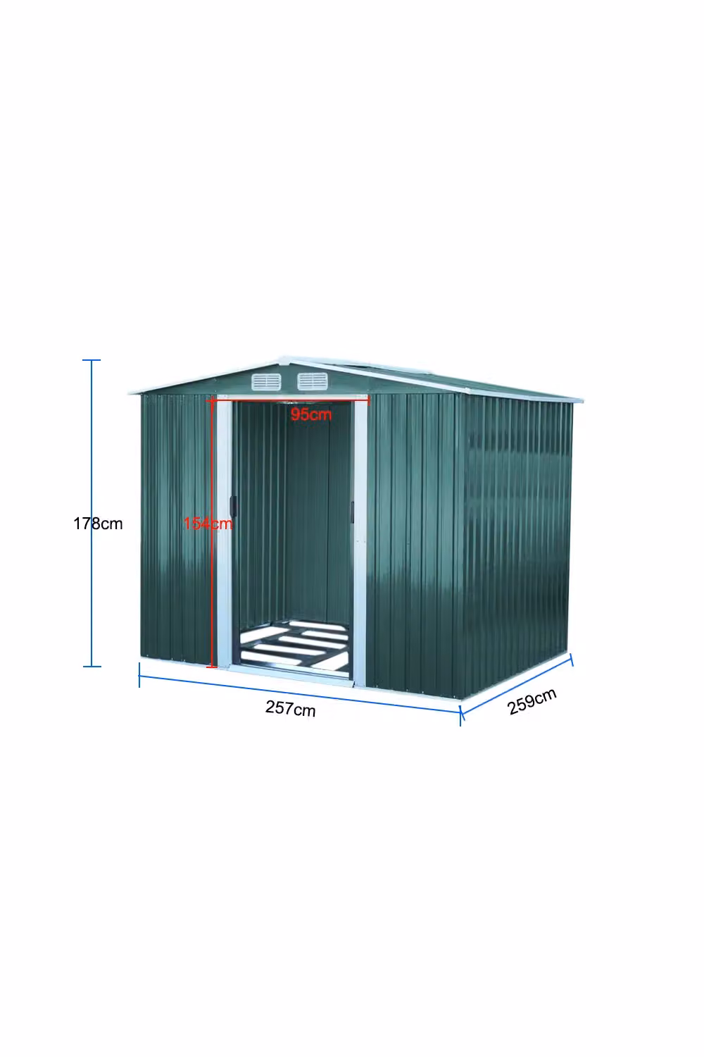 H&O Direct Large Metal Garden Storage Shed in Green, W/D/H: 259.0 x 178.0 x 257.0 cm – 3