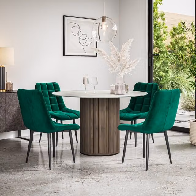 Arlo Modern Round Dining Table and 4 Chair Set in Green and Black with Velvet Upholstery