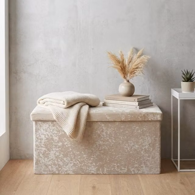 Garden Greatness Modern Rectangular Crushed Velvet Ottoman Storage in Beige