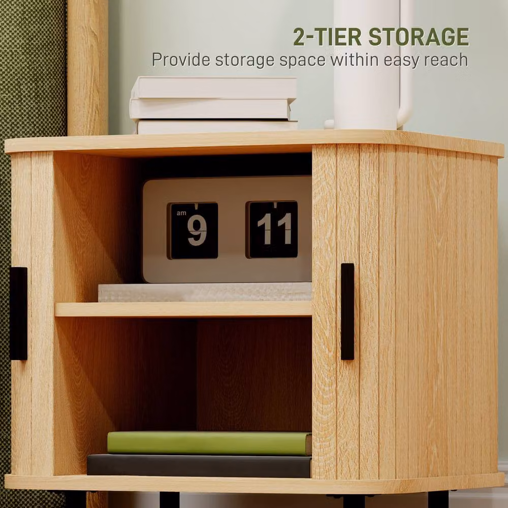 STILVORA Scandinavian Bedside Table with Sliding Doors and Storage in Light Oak – 5