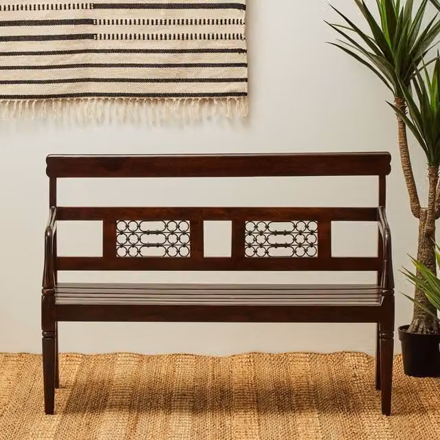 Orsina Vintage-Style Sheesham Wood Bench in Brown with Geometric Iron-Detail Back and Armrests