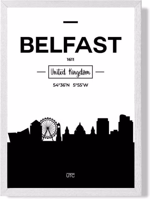 ARTZE Belfast Black and White City Skyline Framed Print, A3, White Frame – 1