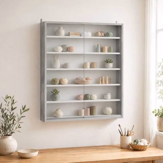 STILVORA Wall Mounted Modern Display Cabinet with Glass Sliding Doors and Internal Shelves in Matt Grey