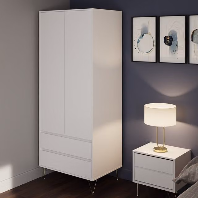 Timber Art Design Modern 2 Door 2 Drawer Wardrobe in White and Gold, H 198 cm x W 80 cm x D 57 cm