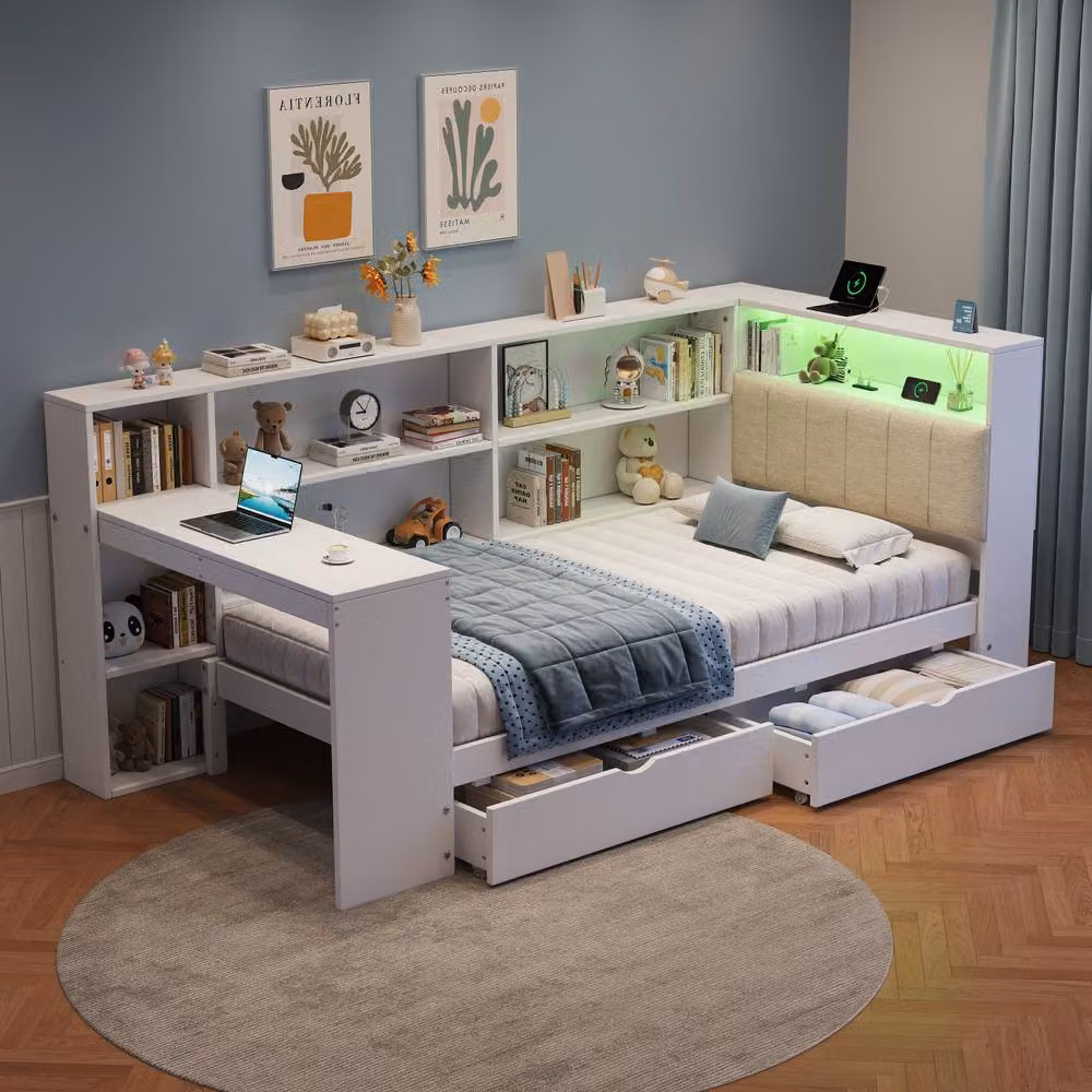 Rolipo L-Shape Daybed with Storage Drawers, Asymmetric Chaise and USB Charging Port, White, W/D/H: 140 x 200 cm – 2