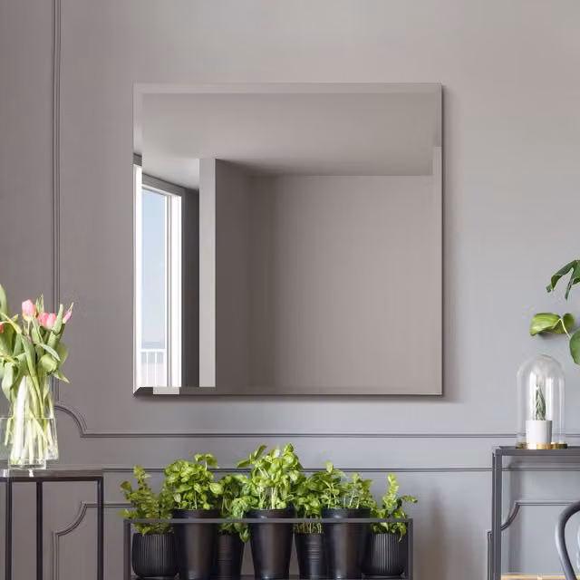 MirrorOutlet Modern Frameless Bevelled Square Glass Wall Mirror in Black