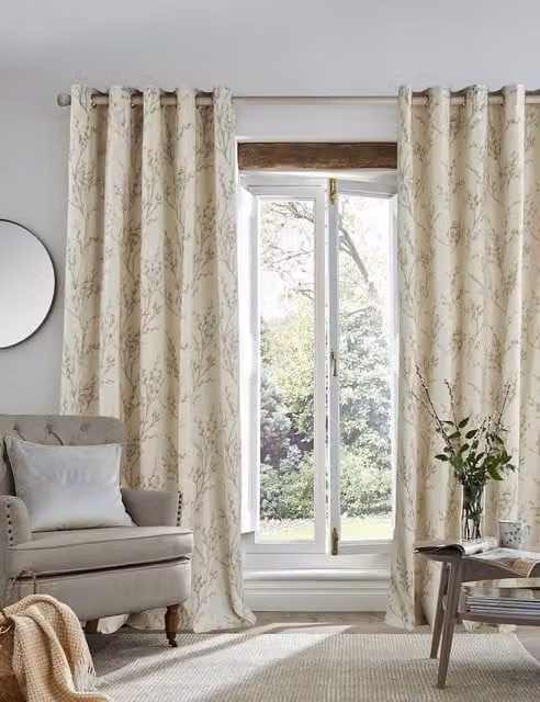Laura Ashley Pussy Willow Floral Eyelet Curtains in Grey and Beige Cotton