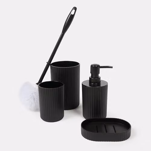 OHS 4 Piece Ribbed Bathroom Accessories Set in Black with Soap Dispenser, Toothbrush Holder, Toilet Brush and Tray – 2